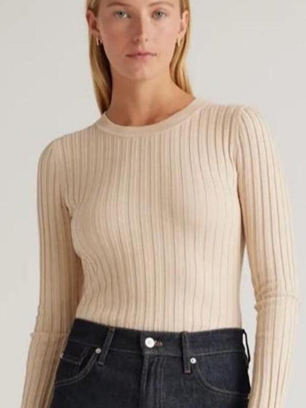 🤎Quince Women’s Heather Oatmeal Cotton Cashmere Ribbed Minimalist Sweater S